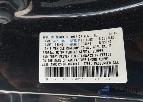 2017 Honda Accord Sport Se from USA, damaged, VIN 1HGCR2F18HA074045